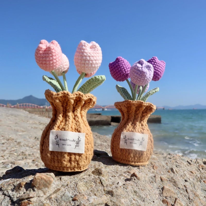 YOOJEE Christmas Crochet Flower Pot Stocking Stuffers Basket Gifts Coworker Birthday Wedding Handmade Knitted Purple Tulip Potted Plant for Mom Women Sister Teacher Home Holiday Cute Desk Decor - Image 5